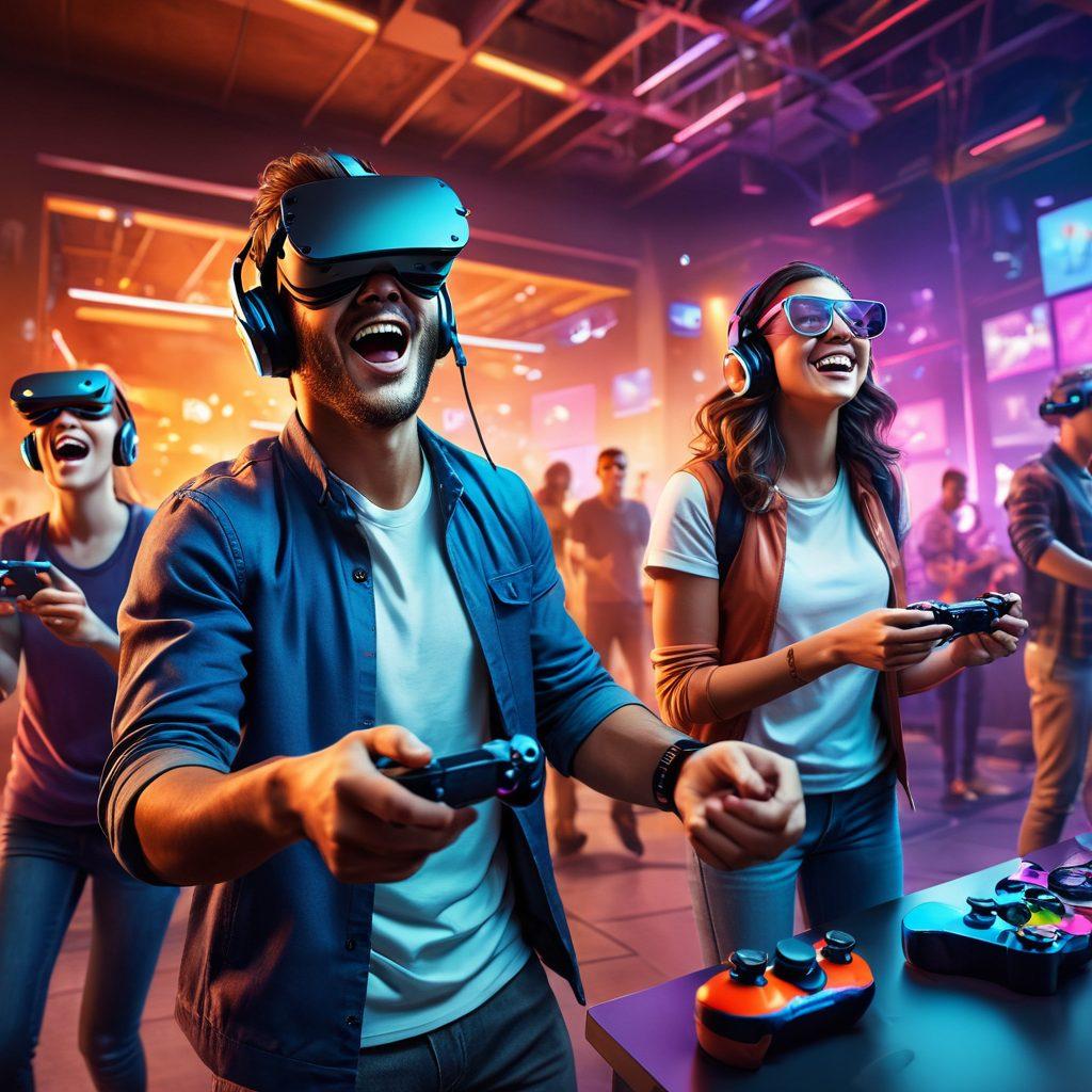 A dynamic scene depicting a diverse group of people engaging with various interactive games, showcasing excitement and enthusiasm. Include elements like colorful game controllers, VR headsets, and immersive gaming setups, emphasizing emotional expressions of joy and challenge. The background should be vibrant and futuristic, hinting at a world where games bring people together. The overall atmosphere should be energetic and inviting. 3D. vibrant colors.