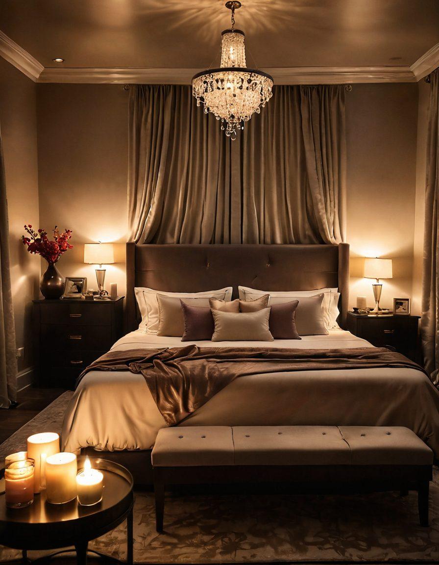 An intimate scene depicting a luxurious bedroom with soft, dim lighting, featuring sensual elements like silk sheets, playful toys, and romantic candles. Incorporate subtle hints of desire through soft silhouettes and alluring textures, showcasing an inviting atmosphere. The focus should be on creating a safe space for exploration and passion. super-realistic. soft focus. warm color palette.