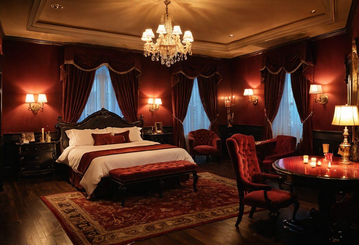 An alluring and luxurious adult entertainment environment featuring a lavishly decorated room with dim, seductive lighting, plush velvet furnishings, and sensual art. Include silhouettes of couples enjoying intimate moments, soft silk textures, and ambient candles to create a warm, inviting atmosphere. The scene should evoke a sense of mystery and intrigue, capturing the essence of immersive adult experiences. super-realistic. warm colors. dim lighting.